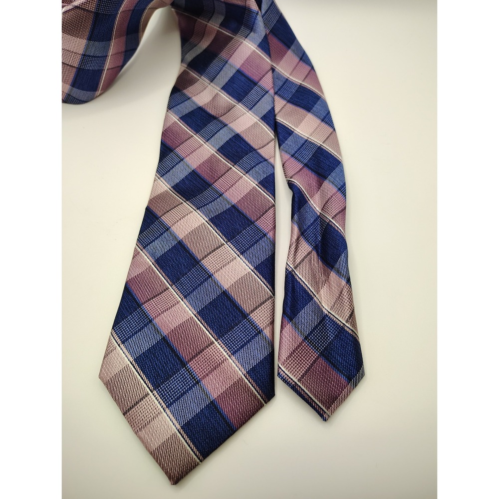 Punto Uomo Platinum Men's Silk Blend Plaid Necktie Blue Pink Tan